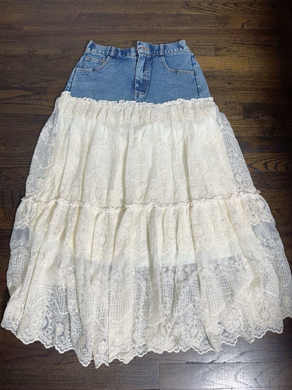Denim Waist Ivory Lace Tiered Maxi Skirt